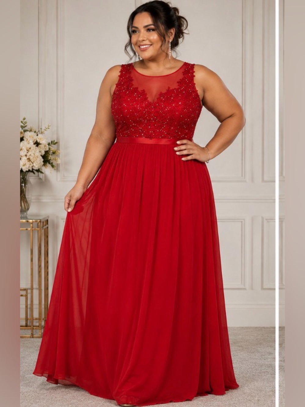 Plus Size Red Beaded A-Line Evening Dress
